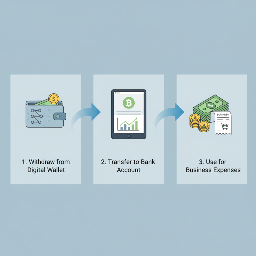 illustration of withdrawing stablecoins to fiat cash for business use, smooth flow from wallet to bank account