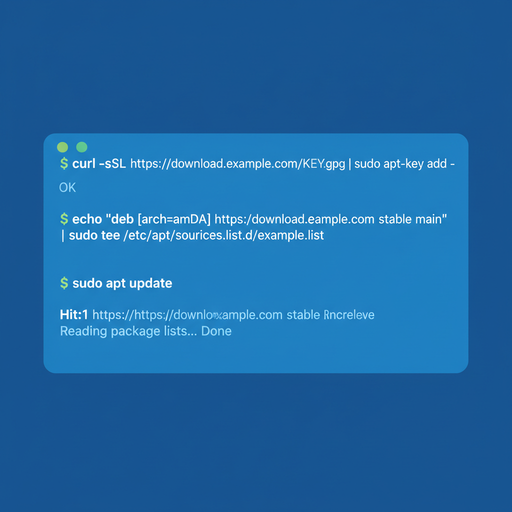 terminal window adding repository with curl and apt commands, clean code, tech blue tones