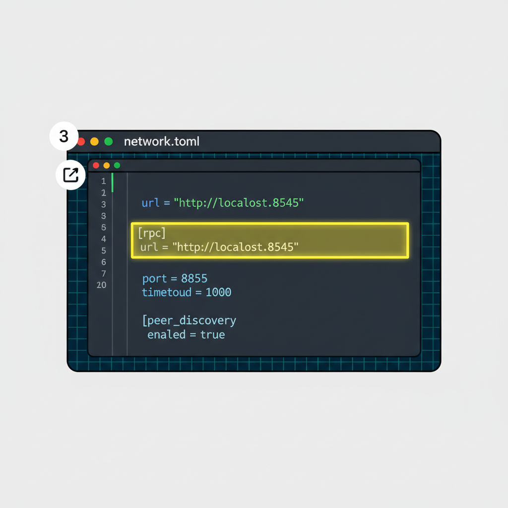 code editor open with TOML config file for network settings, localhost RPC highlighted