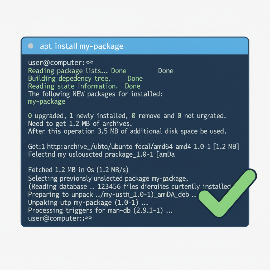terminal installing package with apt install command succeeding, green checkmark