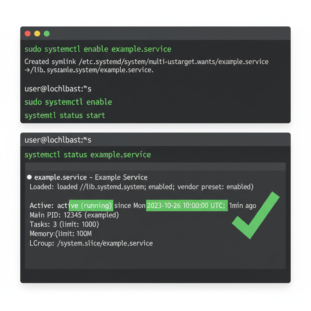 systemctl commands in terminal enabling and starting service, status active running
