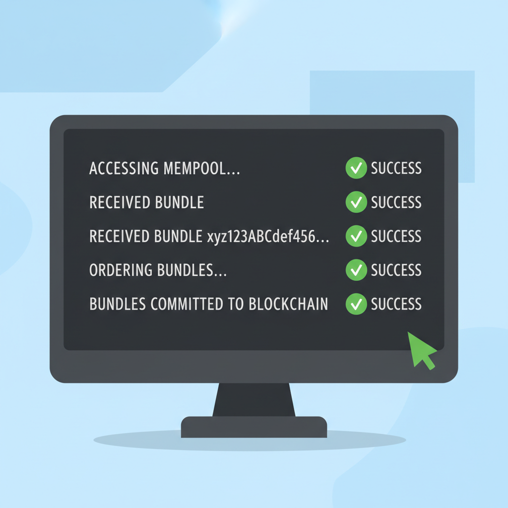 terminal logs showing mempool access success and bundle ordering, green success icons