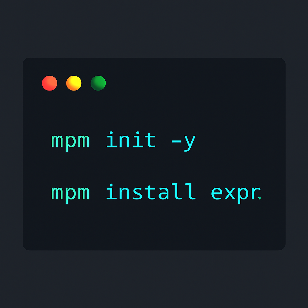 dark terminal window showing npm init -y and npm install express commands, code syntax highlight, minimalist tech style