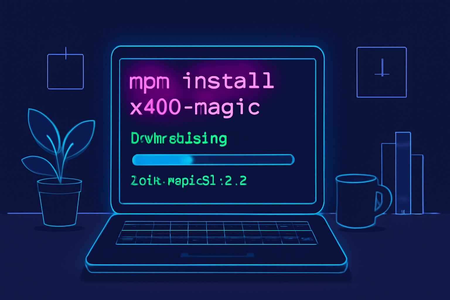 terminal executing npm install x402-magic, package downloading animation, neon glow effects, developer workspace