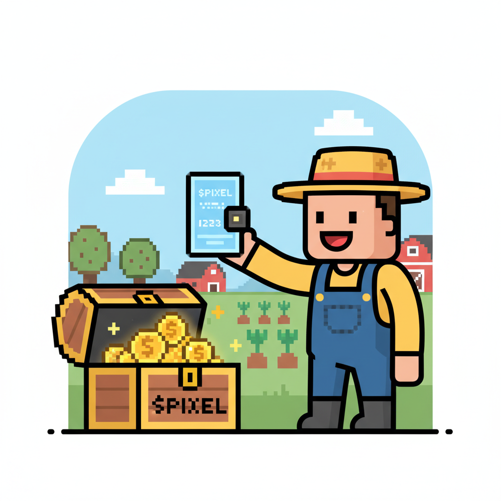 pixel farmer claiming shiny $PIXEL tokens from reward chest, wallet interface