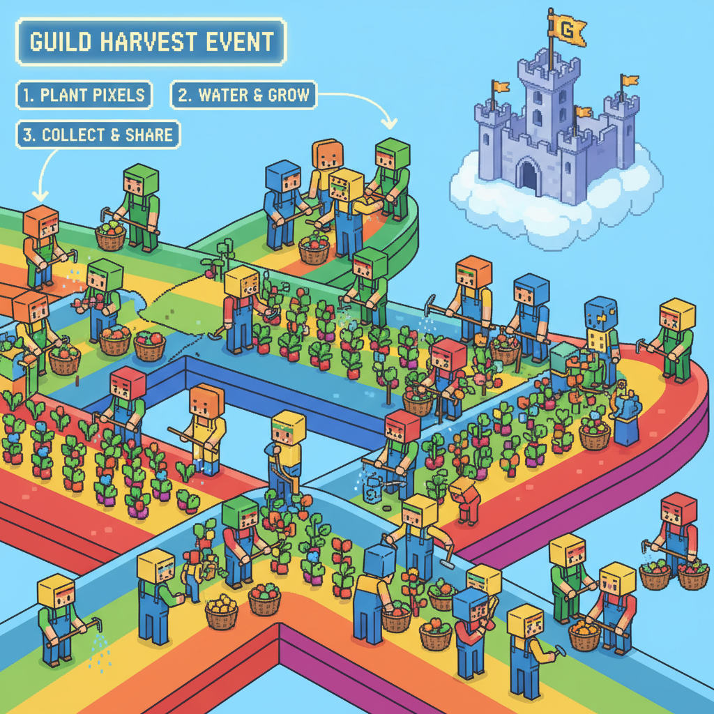 group of pixel farmers in guild event, harvesting together on rainbow road farms