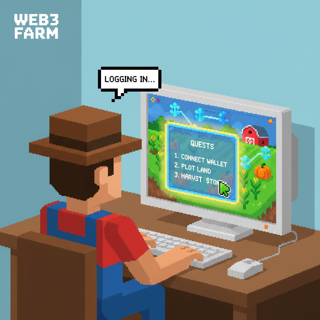 pixel art farmer logging into vibrant web3 farm game, quest panel glowing