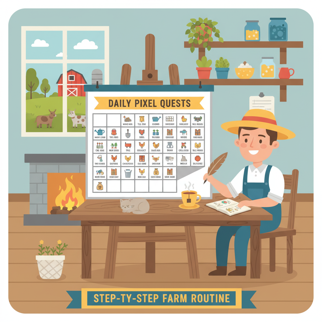calendar with daily pixels quests marked, farmer planning routine in cozy farm