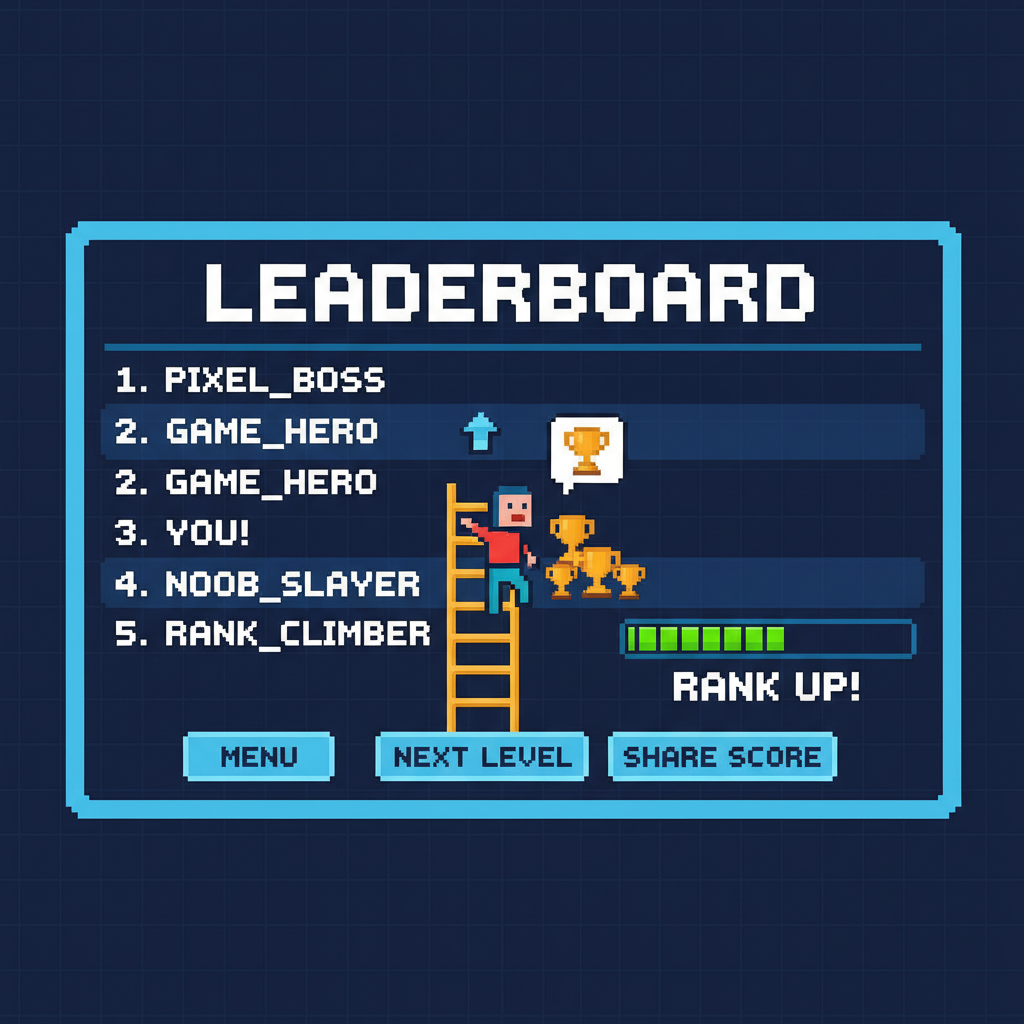 leaderboard screen in pixels game, player climbing ranks with pixel trophies