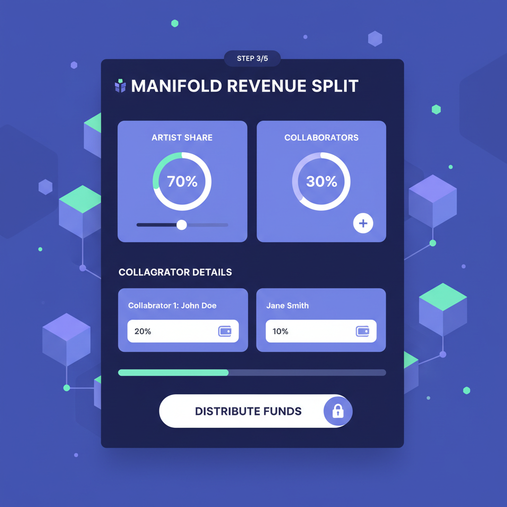 Manifold revenue split interface with percentage inputs for artist and collaborators, modern blockchain design