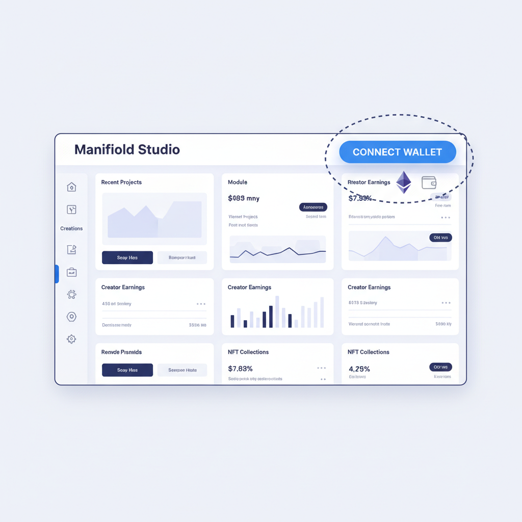 professional Manifold Studio dashboard with wallet connection button highlighted, clean UI, Ethereum logo