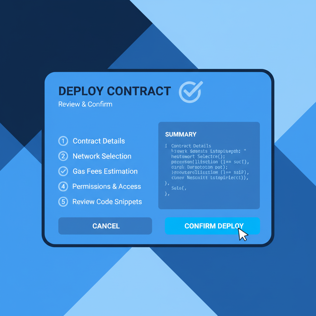 Manifold deploy contract confirmation screen with review checklist, professional blue tones