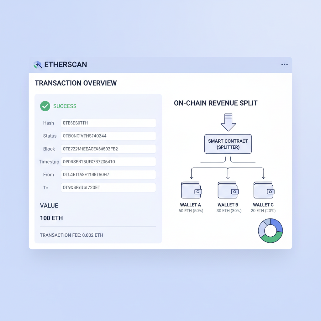 Etherscan transaction detail showing on-chain revenue split to multiple wallets, data visualization