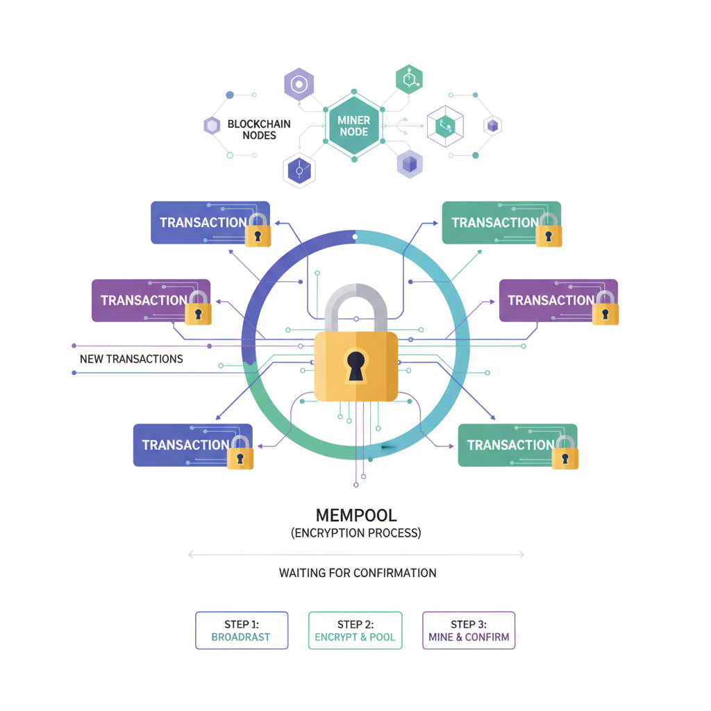 illustration of blockchain mempool transactions being encrypted with locks, nodes in background, technical diagram style