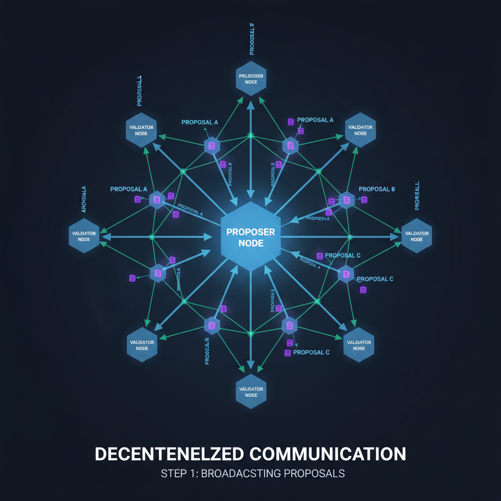 network of blockchain nodes broadcasting glowing vector arrows of proposals, decentralized communication visualization