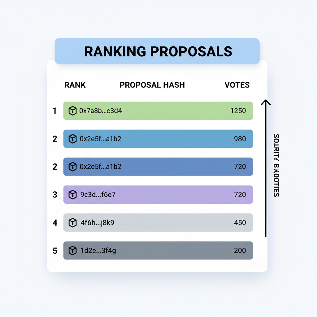 sorted list of blockchain proposals being ranked on a leaderboard, data visualization with bars and hashes