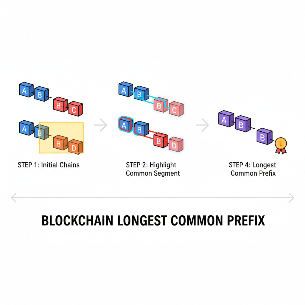 sequences of blockchain blocks aligning to find longest common prefix, highlighted chain link diagram