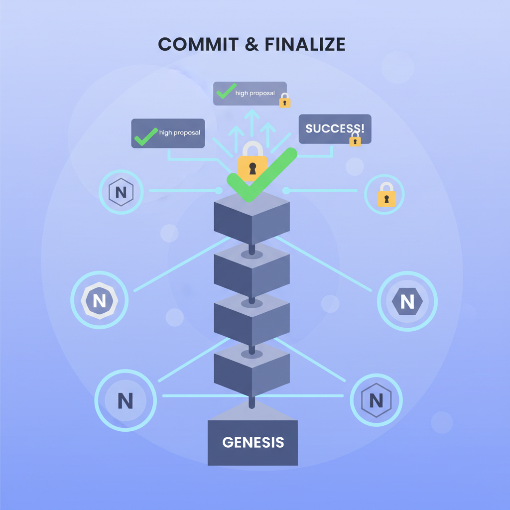 blockchain nodes committing finalized high proposals to a growing chain, success checkmarks and locks