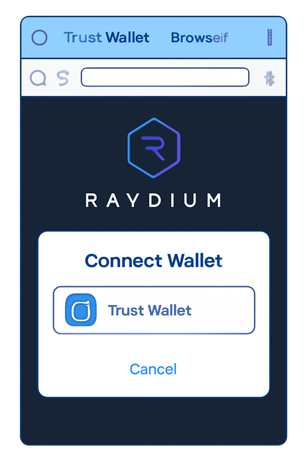 Trust Wallet's in-app browser open to Raydium's homepage, with a 'Connect Wallet' prompt and Trust Wallet selected.