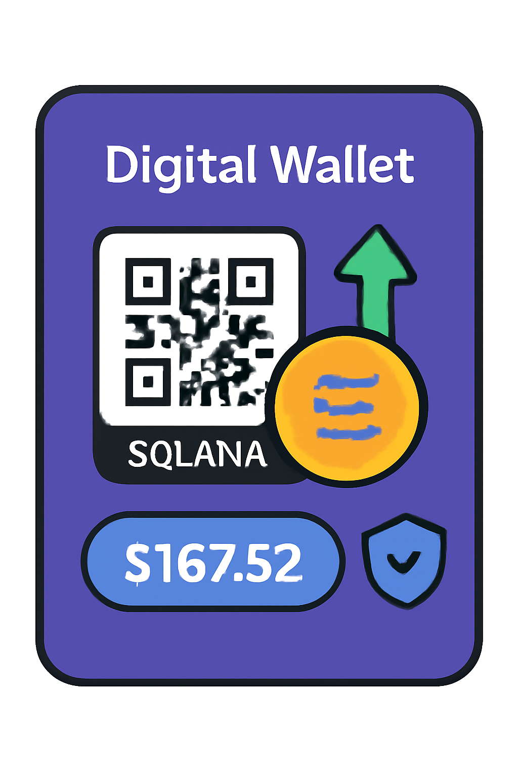 A digital wallet interface displaying a Solana receive address with SOL coins being transferred in, price tag showing $167.52, vibrant and secure look