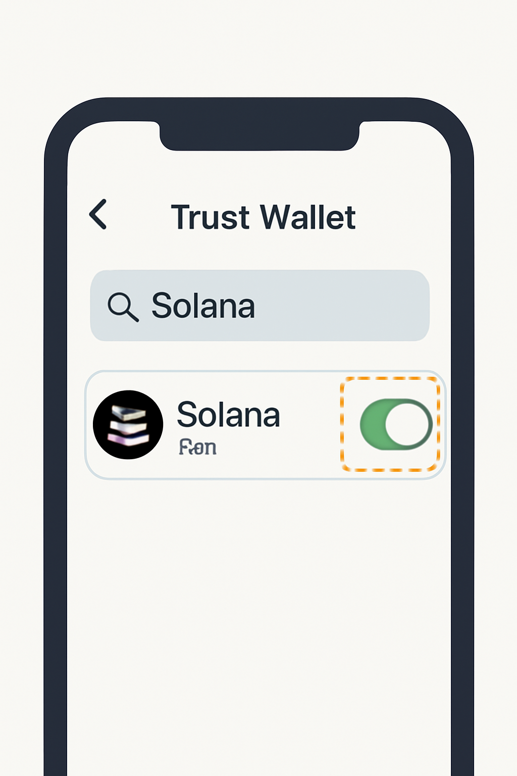 Trust Wallet interface showing the process of searching for and enabling Solana (SOL) token, with a highlighted toggle switch, clean UI, digital art