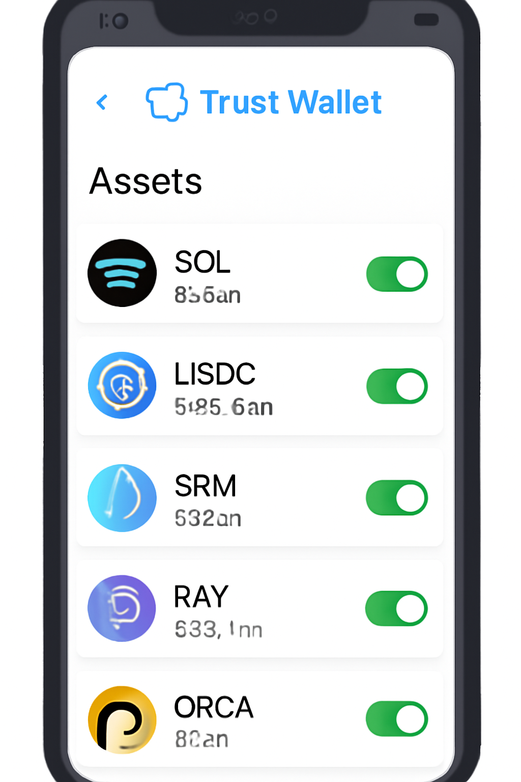 Trust Wallet interface with Solana and several SPL tokens being toggled on in the asset list.