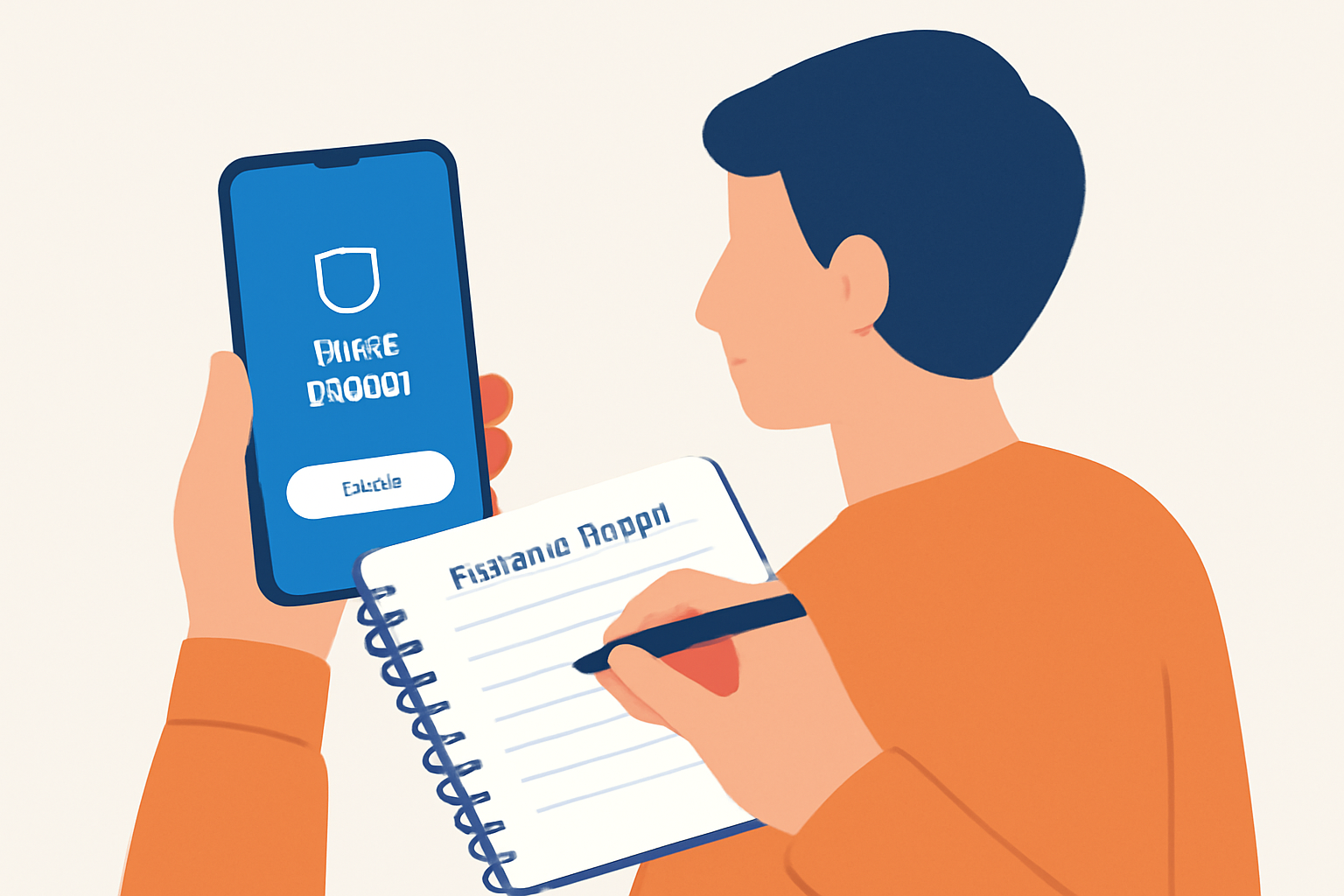 A person installing Trust Wallet on a smartphone and writing down a recovery phrase in a secure notebook, modern flat illustration, clear and friendly style