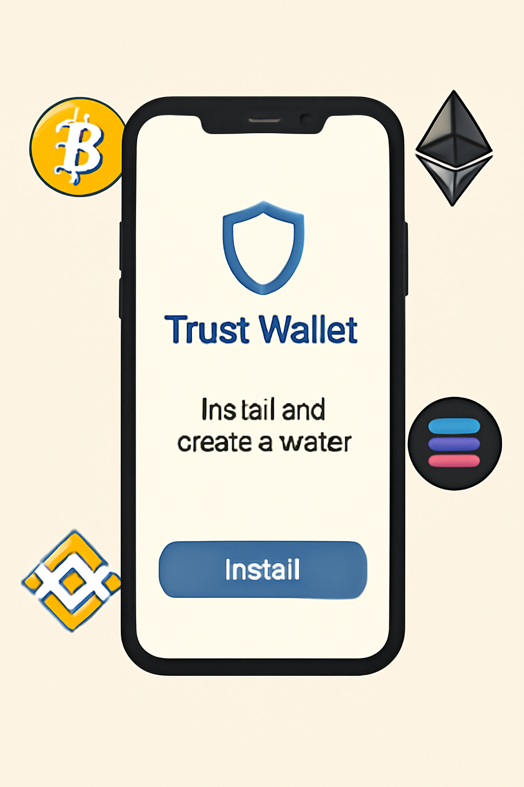 A smartphone displaying the Trust Wallet app installation and wallet creation screen, with Solana and other blockchain icons visible.