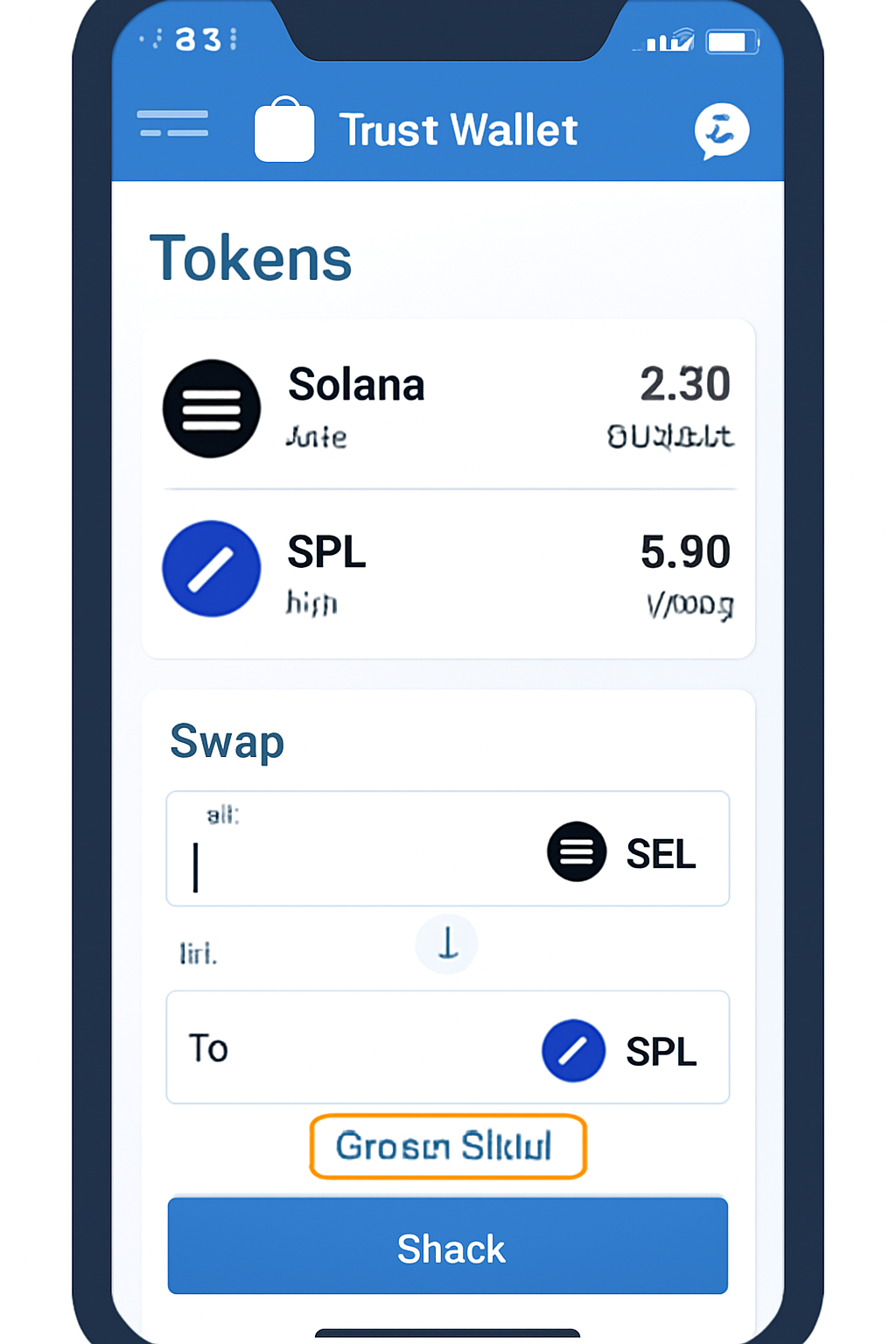 Trust Wallet app showing SPL token balances and a swap interface between SOL and an SPL token, with cross-chain options highlighted.