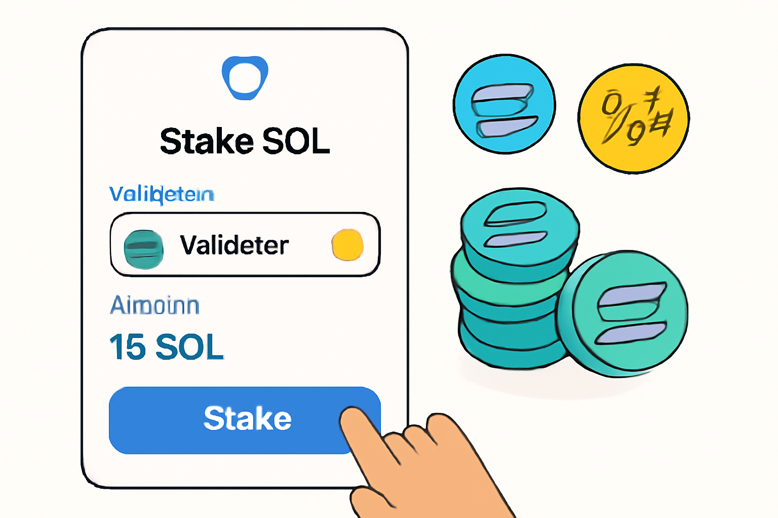 Trust Wallet staking screen with user selecting a validator and staking SOL tokens, coins stacking up, rewards icon, engaging and easy-to-understand visual