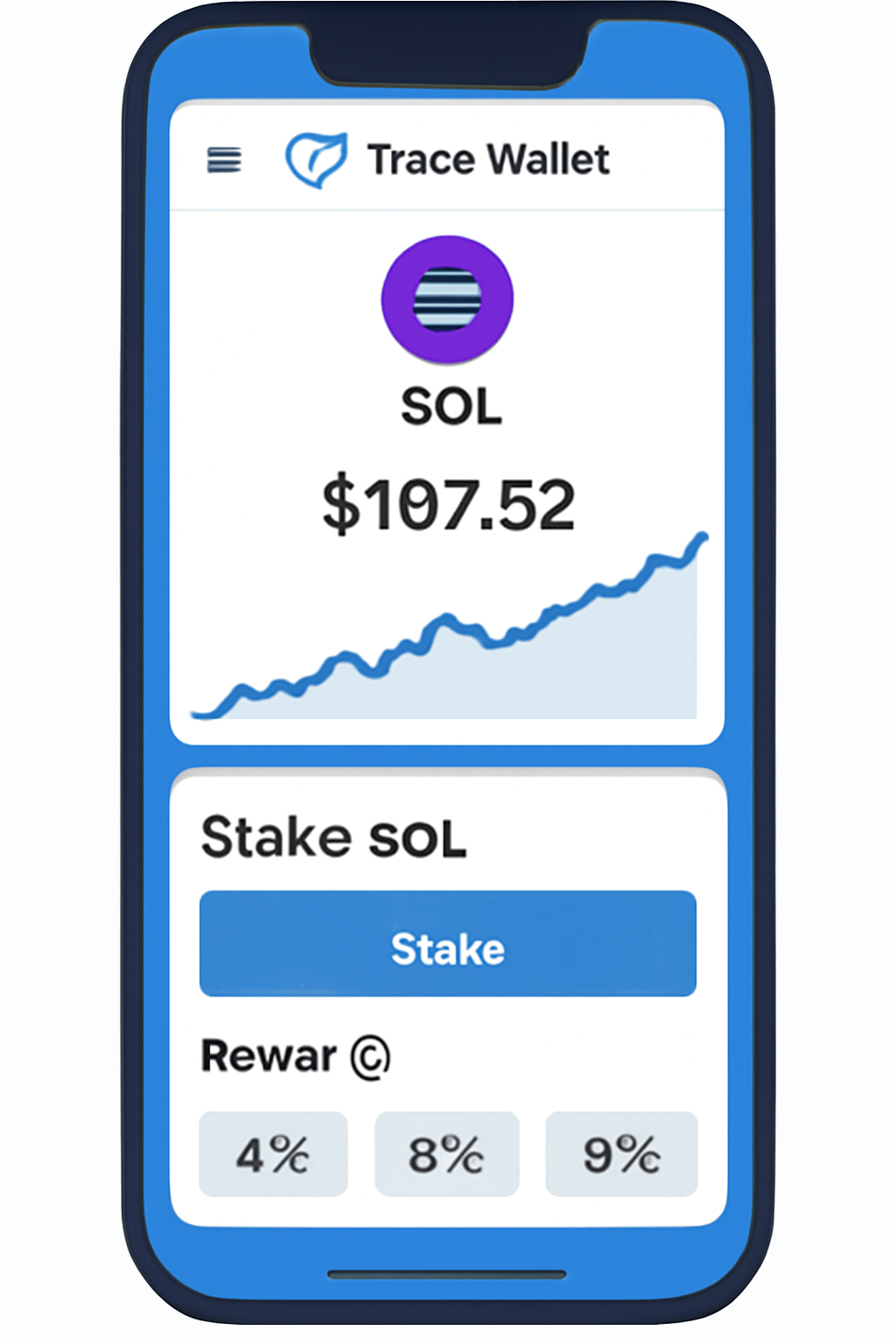 Trust Wallet displaying SOL price ($167.52), a graph of price change, and the staking interface with reward options.