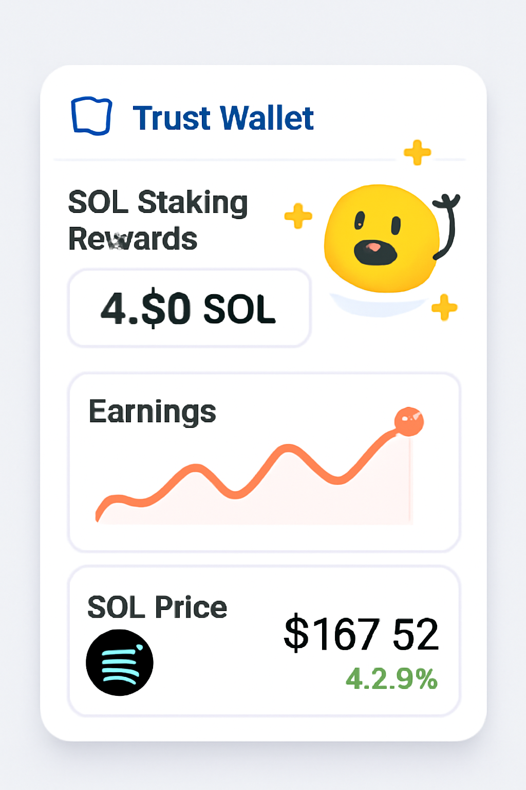 Trust Wallet dashboard showing SOL staking rewards, graph of earnings, and SOL price at $167.52, cheerful and modern dashboard style