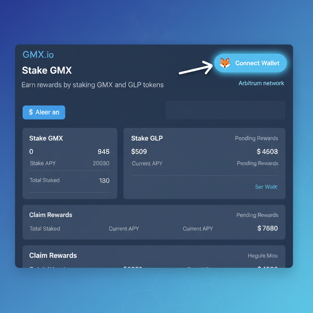Clean screenshot of GMX.io staking page on Arbitrum with MetaMask connect wallet button highlighted, modern DeFi UI, blue tones