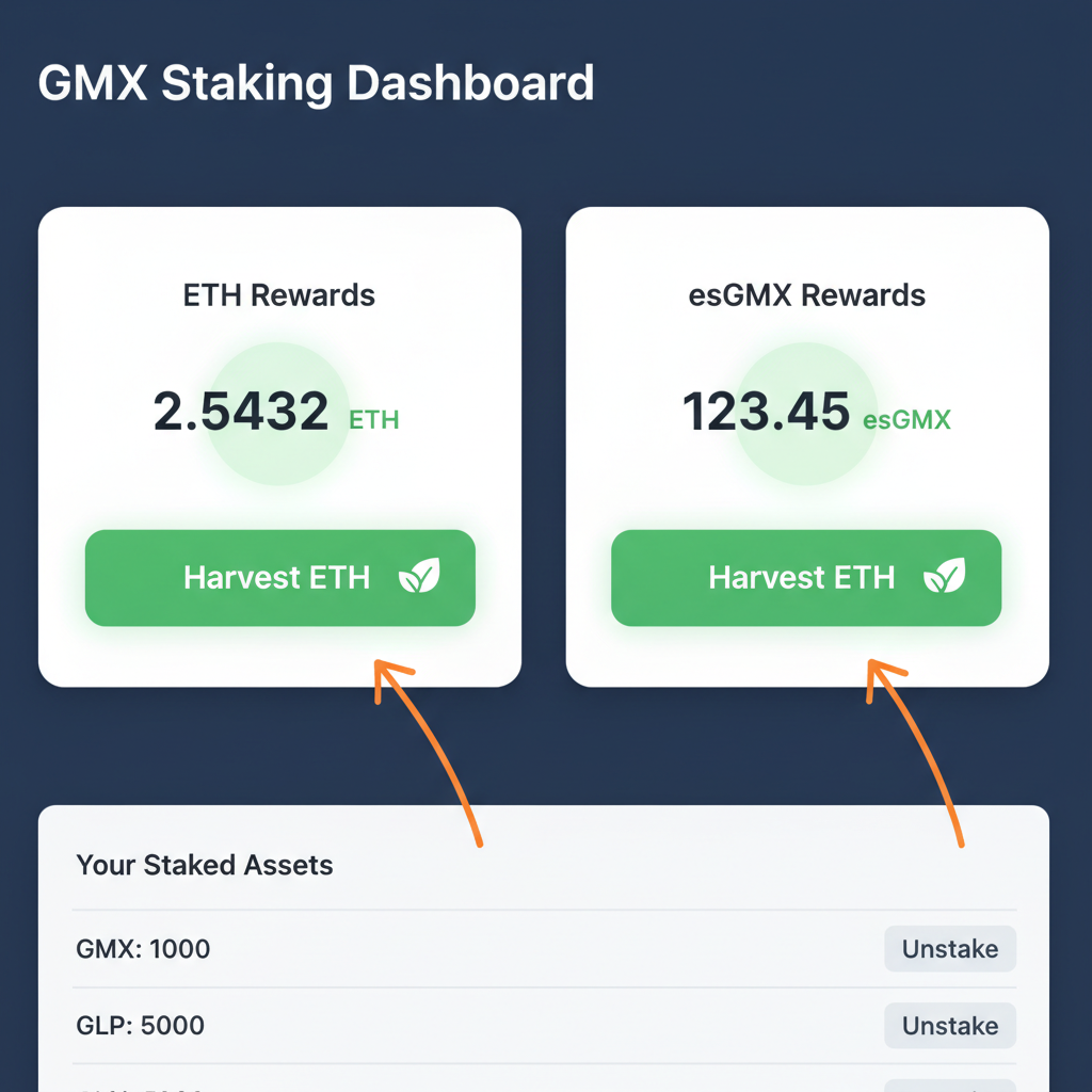 GMX staking dashboard screenshot showing harvest buttons for ETH and esGMX rewards, green reward balances highlighted, DeFi interface