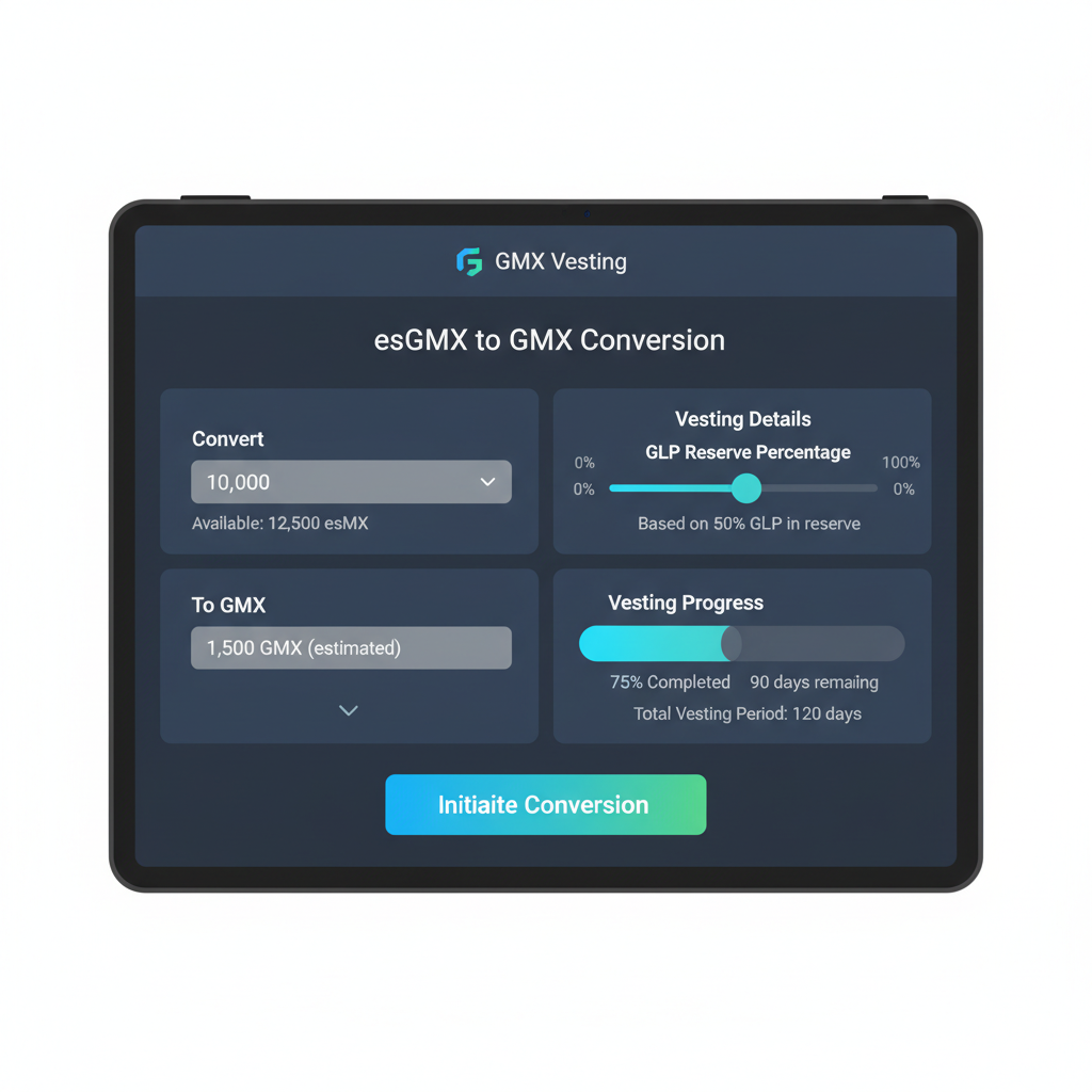 GMX vesting interface screenshot with esGMX to GMX conversion, GLP reserve slider, progress bar, professional DeFi style
