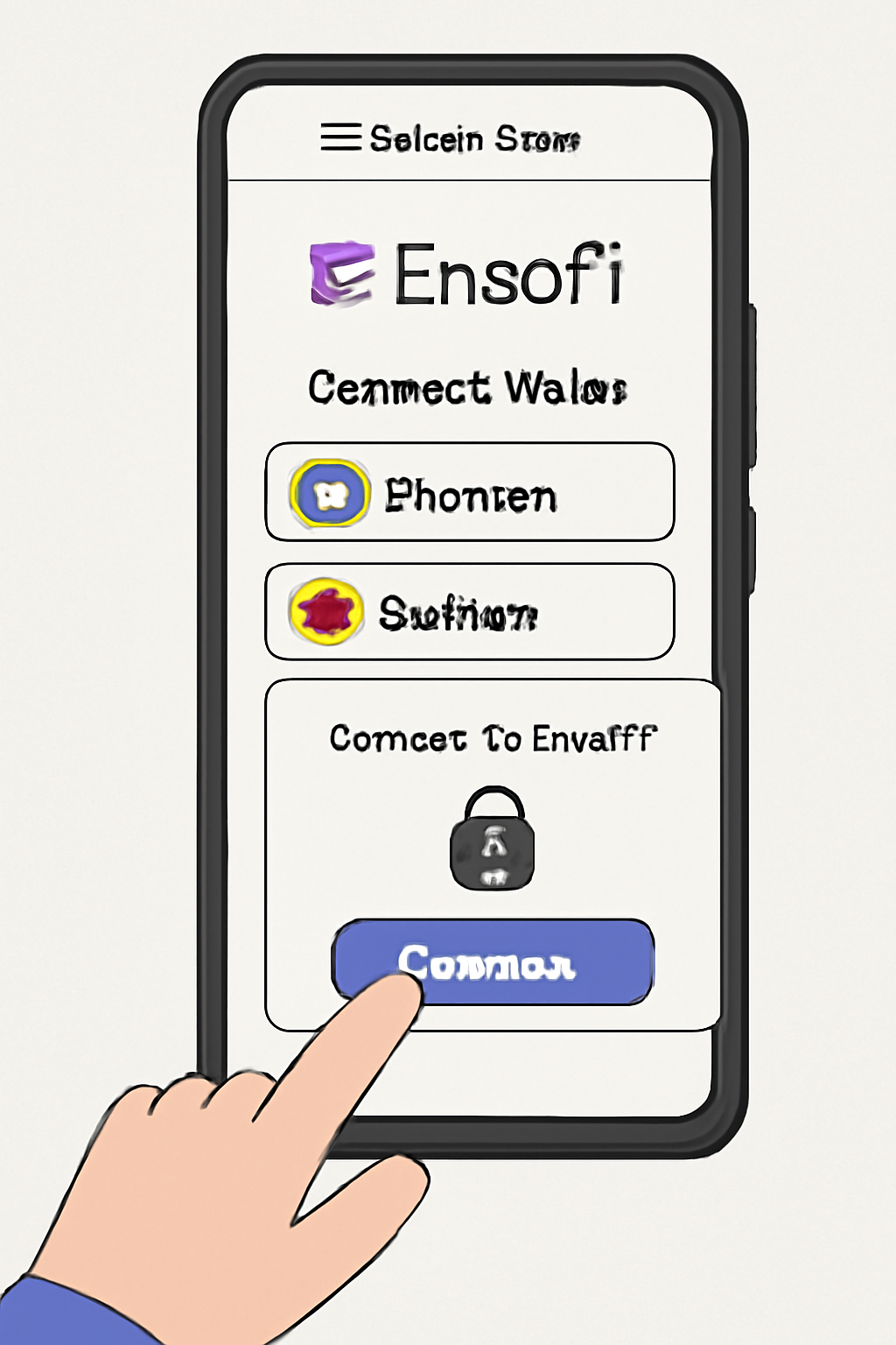 A user connecting their Phantom or Solflare wallet to the EnsoFi web app on a Solana Saga phone, with a confirmation pop-up and secure lock symbol