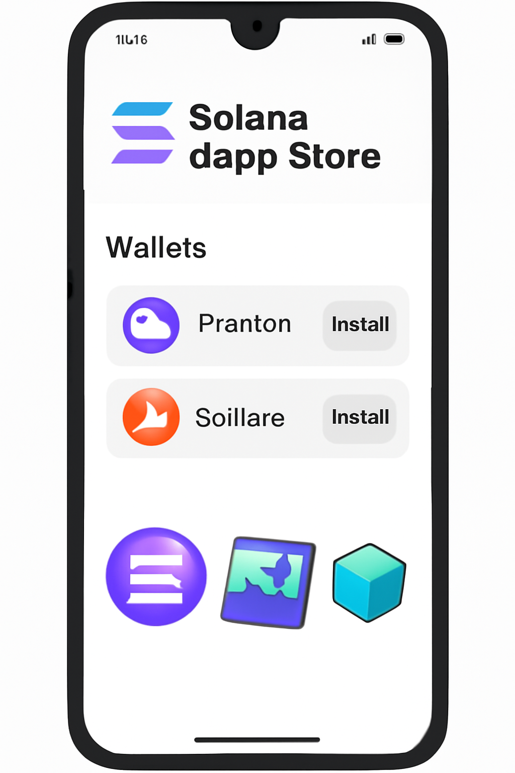 A Solana Saga smartphone displaying the Solana dApp Store with Phantom and Solflare wallet apps ready to install, sleek and modern interface, digital assets icons visible