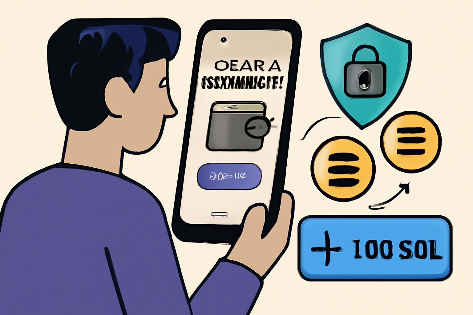 A user setting up a crypto wallet on a Solana Saga phone, showing wallet creation and SOL deposit, with a secure vault icon and digital coins
