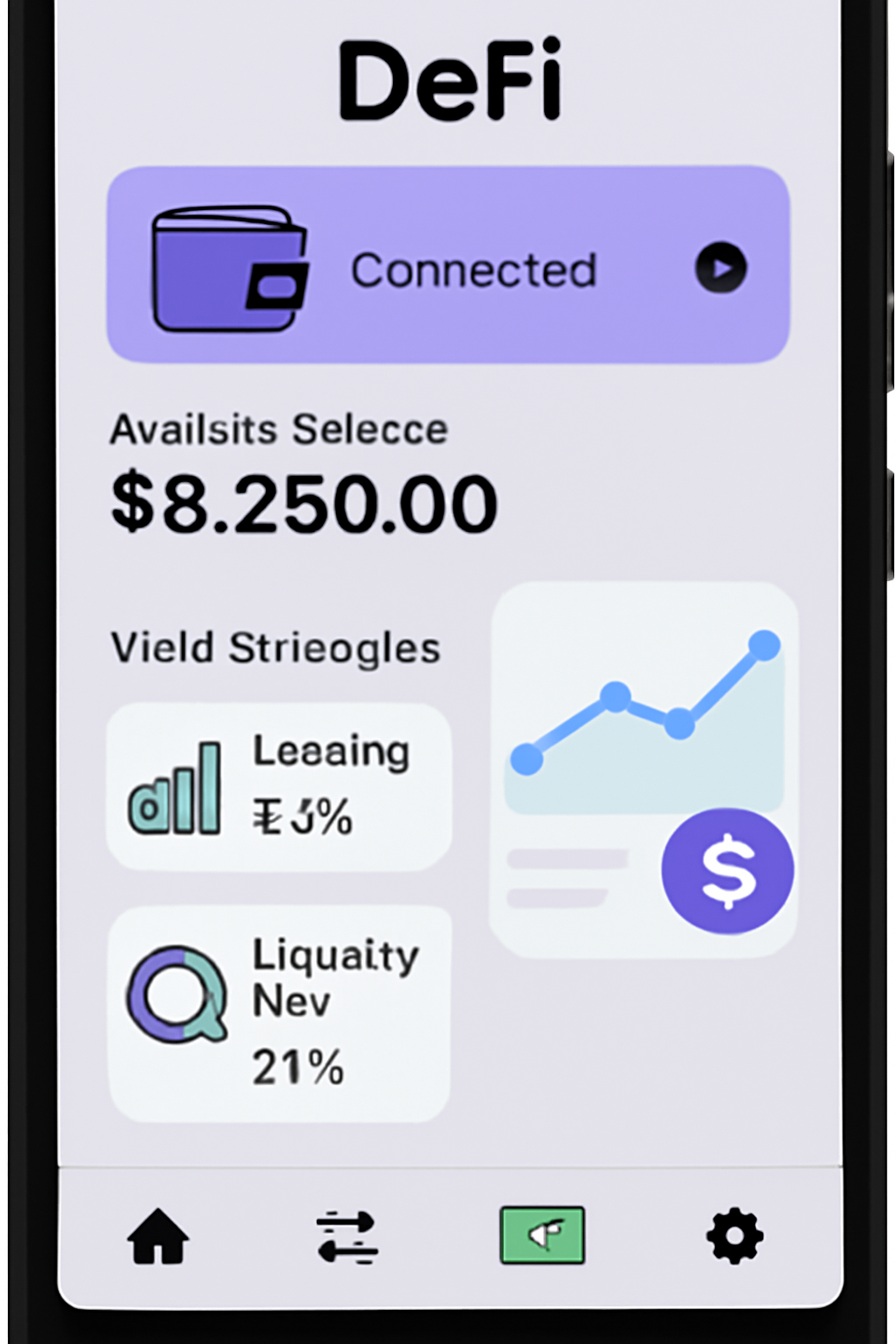A DeFi dashboard on a Solana Saga phone showing a connected wallet, available balance, and yield strategy options, with digital charts and icons