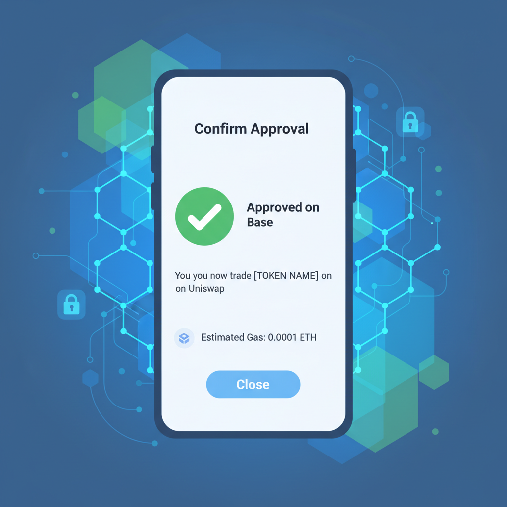 smart contract approval screen on Base Uniswap, green checkmark, blockchain security theme
