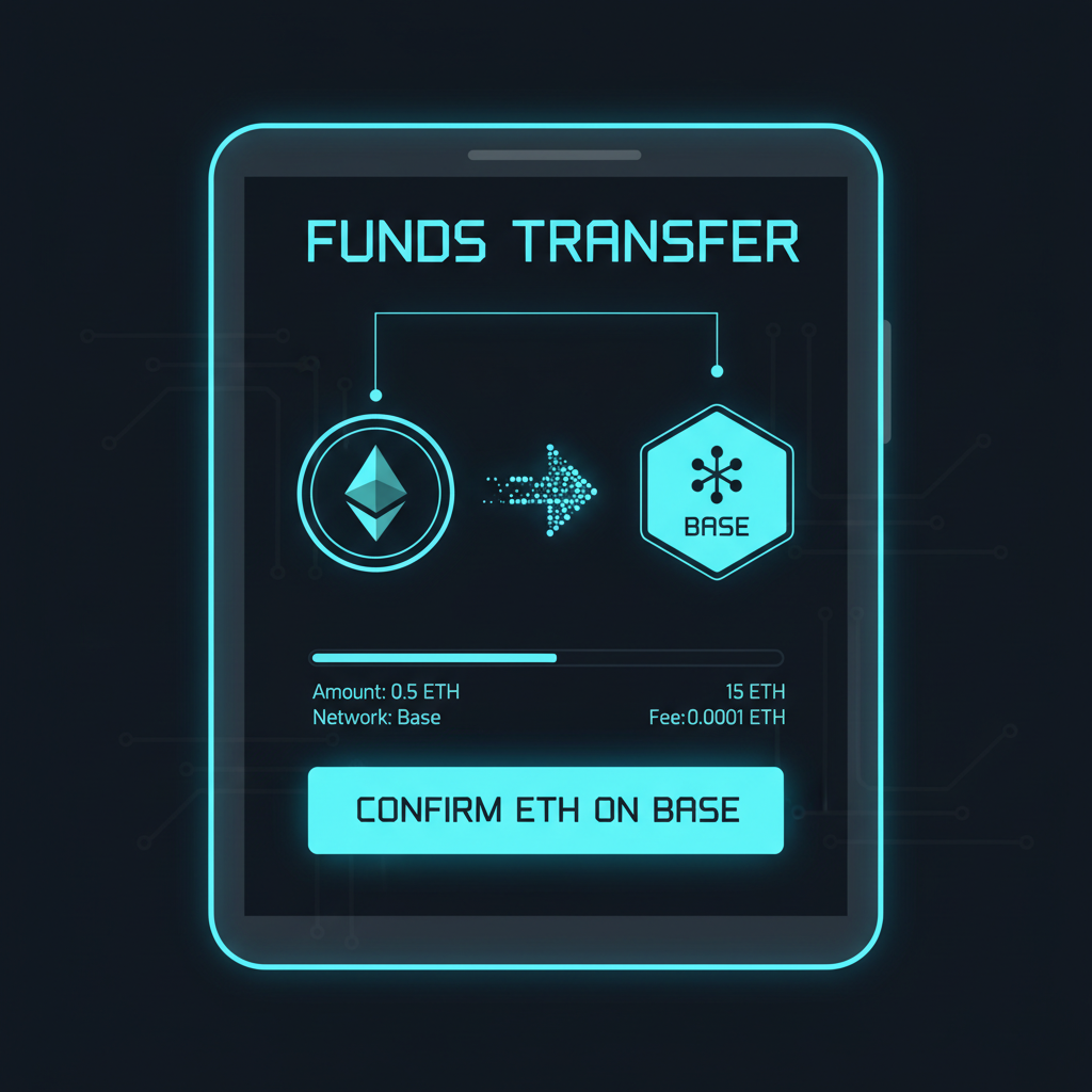 futuristic wallet interface funding ETH on Base blockchain network, neon blues, crypto transfer animation
