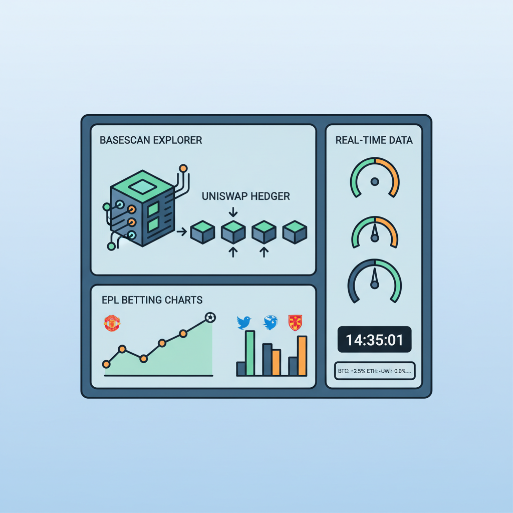 Basescan explorer monitoring Uniswap hedger transactions, EPL betting charts, real-time data dashboard