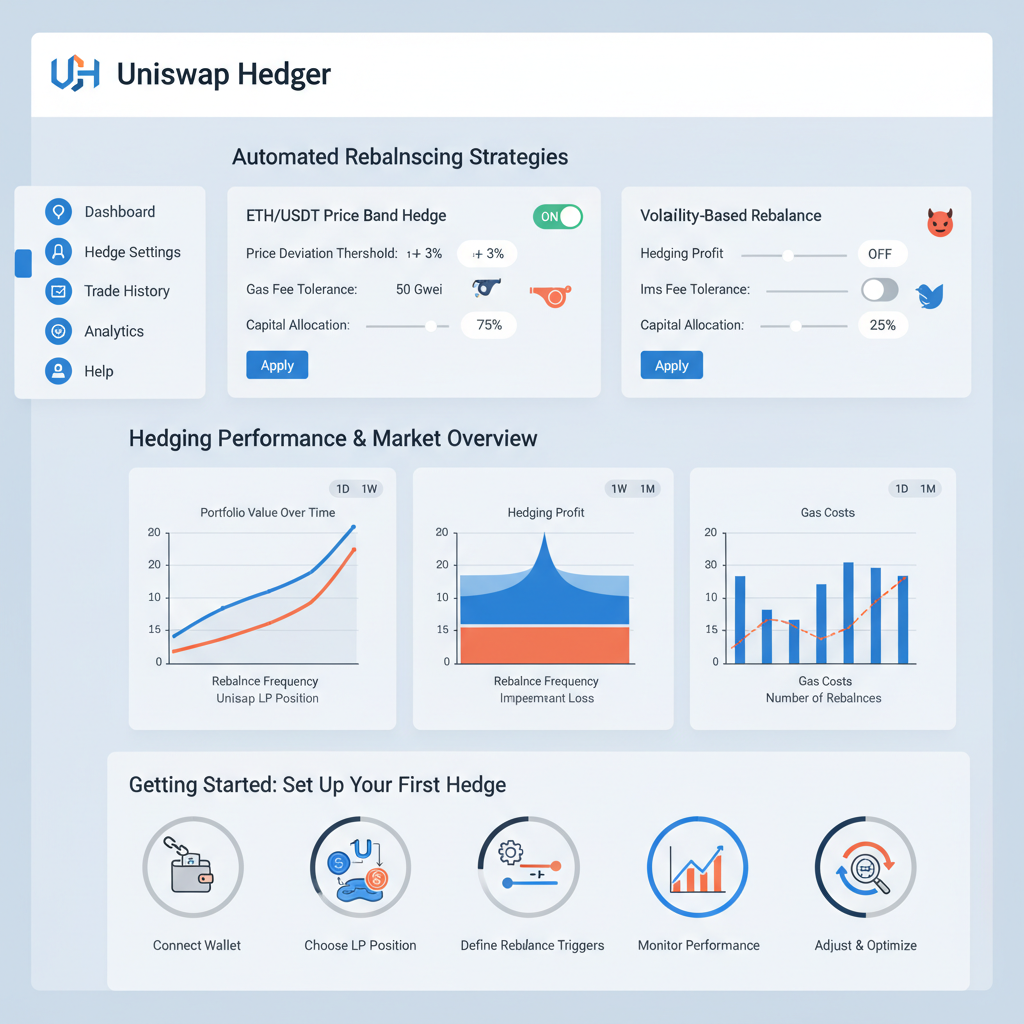dashboard setting auto-rebalance triggers for Uniswap hedger, sliders and EPL match icons, dynamic graphs
