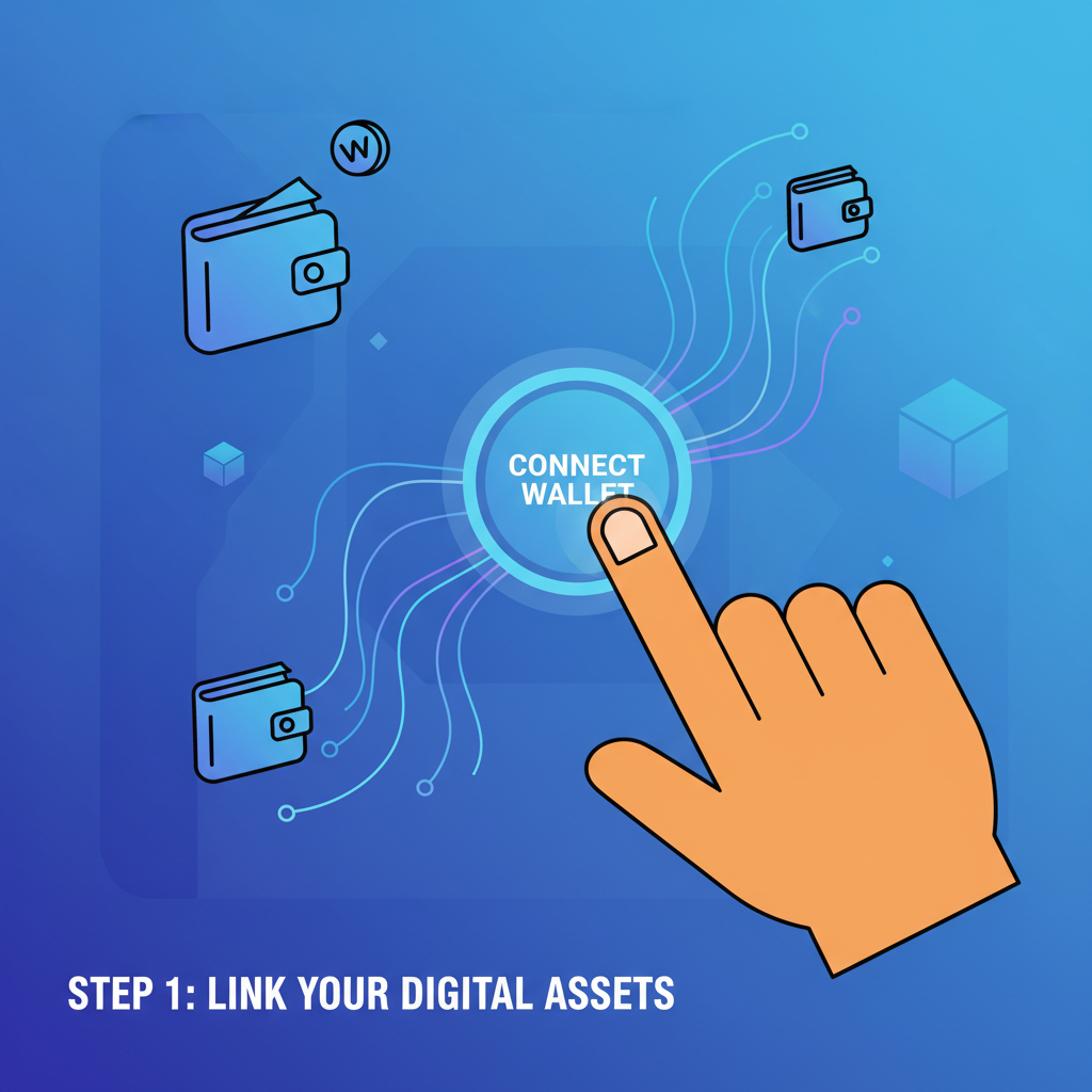 hand clicking connect wallet button on DeFi site, glowing connection lines