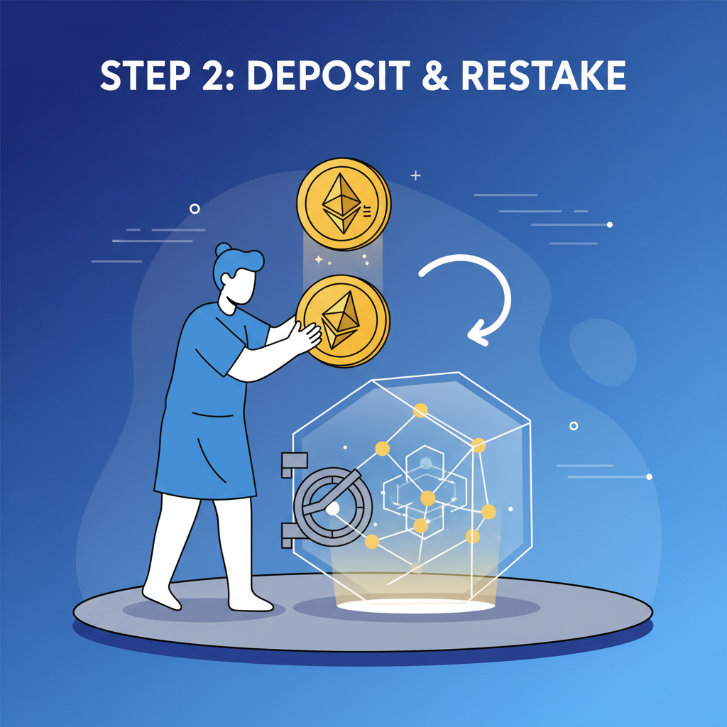 user depositing golden ETH coins into a glowing restaking vault