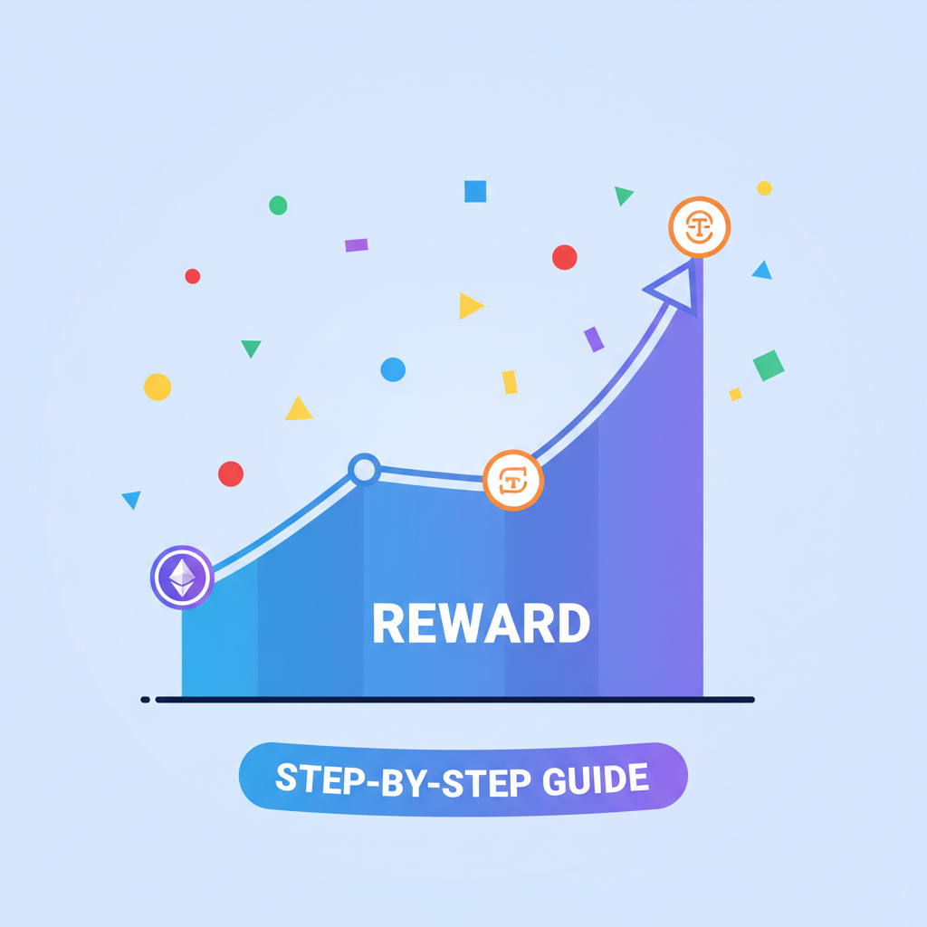 reward graph rising with ETH and token icons, celebratory confetti
