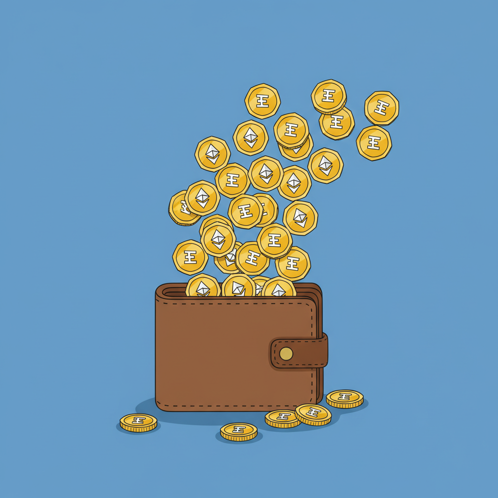 cartoon wallet icon overflowing with shiny ETH coins, blue background
