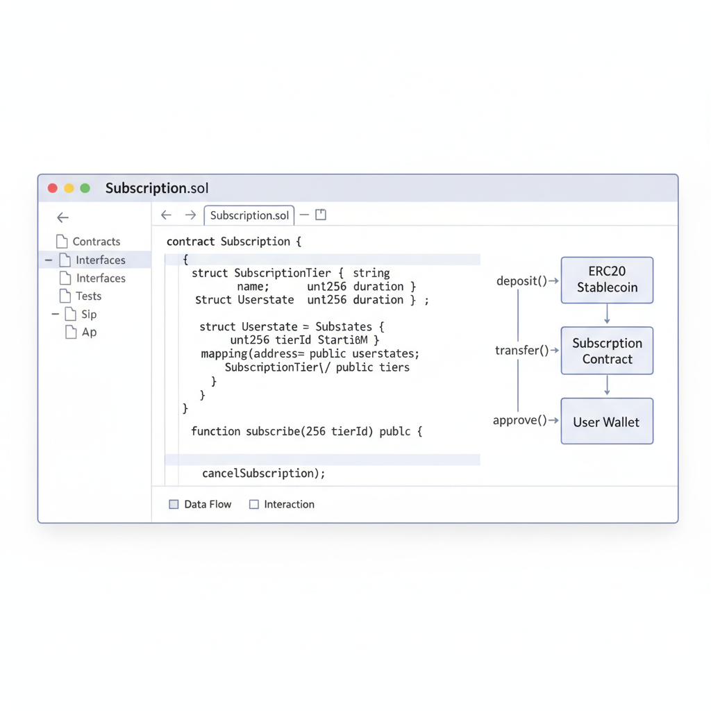 solidity code structs subscription tiers user states erc20 stablecoin diagram clean code editor