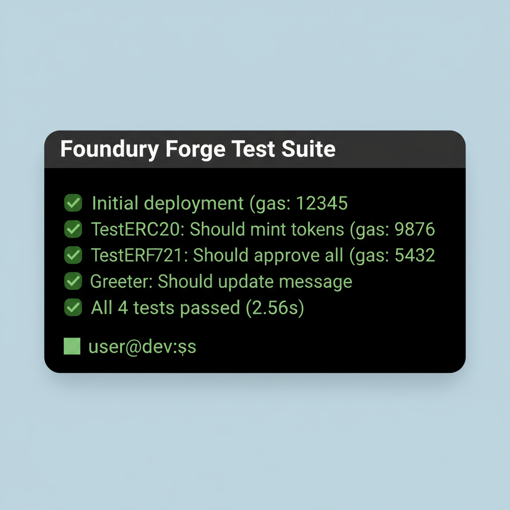 foundry forge test suite passing green checks solidity contract testing terminal