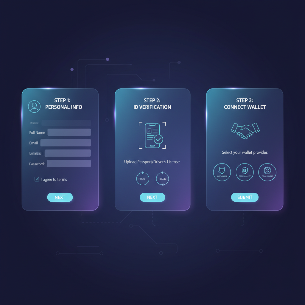 filling out crypto application form on sleek web interface, holographic screens